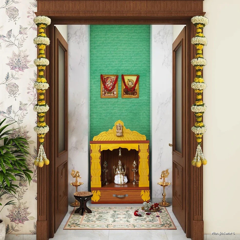 Pooja Mandir With Bell - Inner 12 x 9 Inches, Outer 23 x 17 Inches | Open Wooden Temple/ Puja Stand for Home